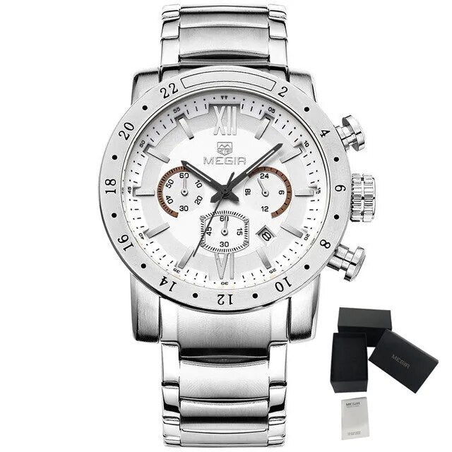 MEGIR Luxury Men's Business Watches Chronograph Waterproof Stainless Steel Quartz