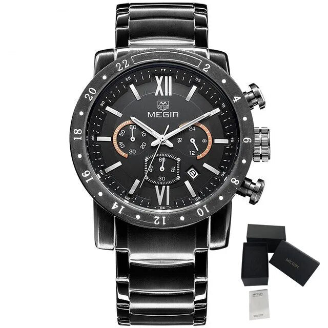 MEGIR Luxury Men's Business Watches Chronograph Waterproof Stainless Steel Quartz