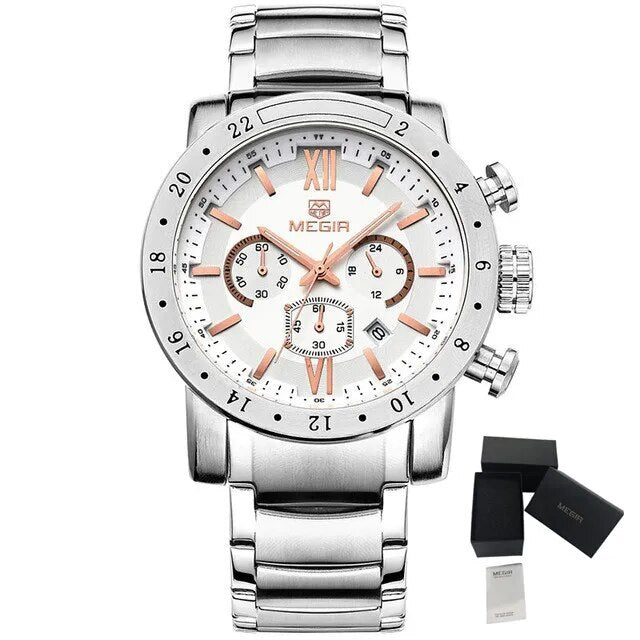 MEGIR Luxury Men's Business Watches Chronograph Waterproof Stainless Steel Quartz