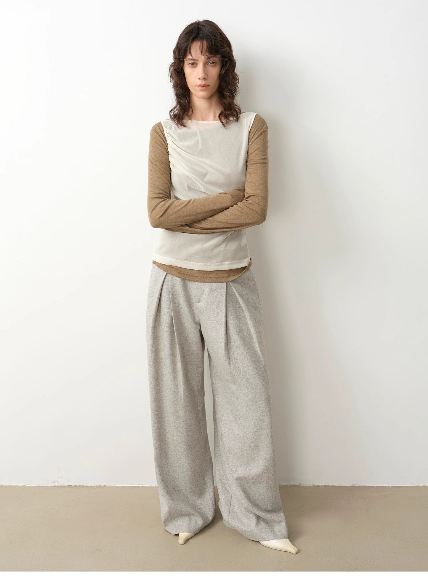 "City Stroll" casual and relaxed wool-blend double-pleated straight draped wide-leg casual
