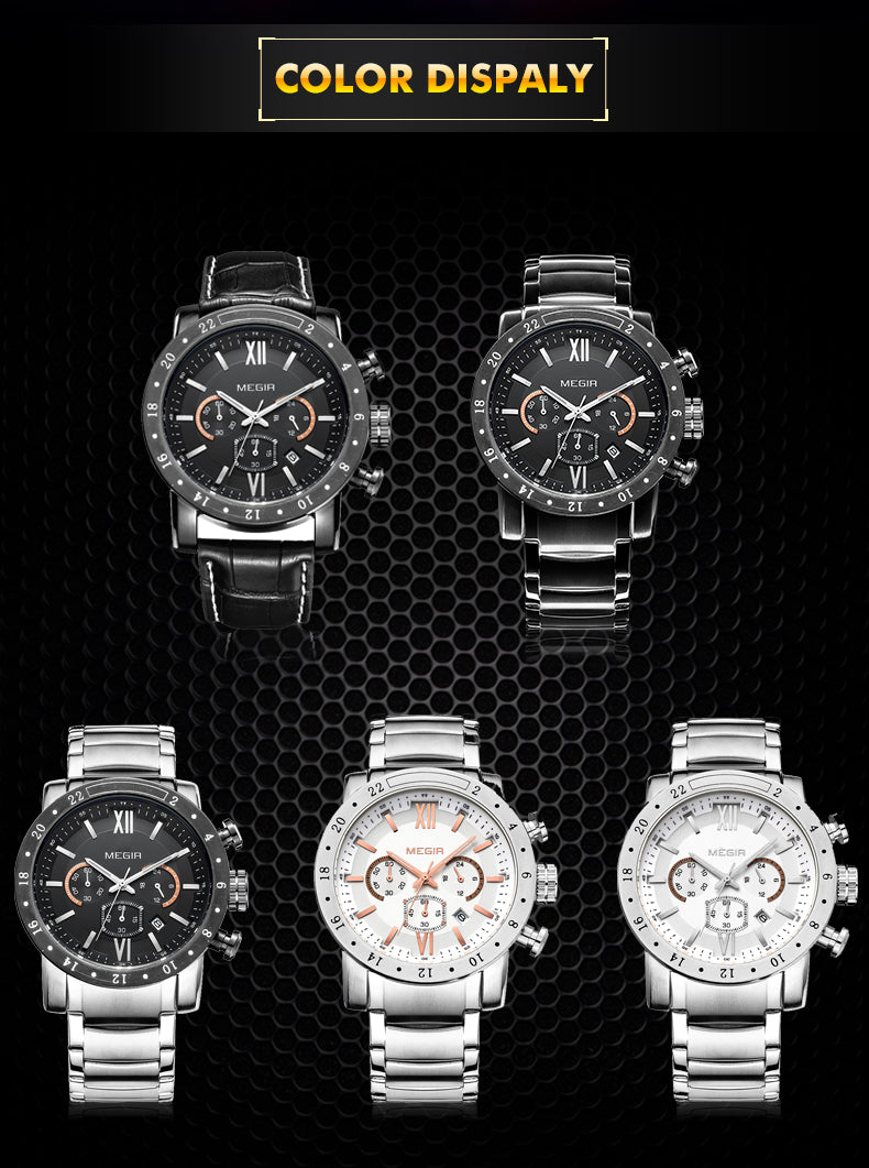 MEGIR Luxury Men's Business Watches Chronograph Waterproof Stainless Steel Quartz
