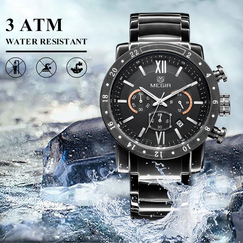 MEGIR Luxury Men's Business Watches Chronograph Waterproof Stainless Steel Quartz