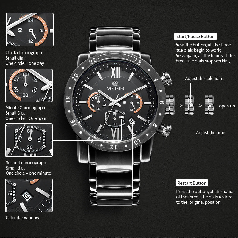 MEGIR Luxury Men's Business Watches Chronograph Waterproof Stainless Steel Quartz