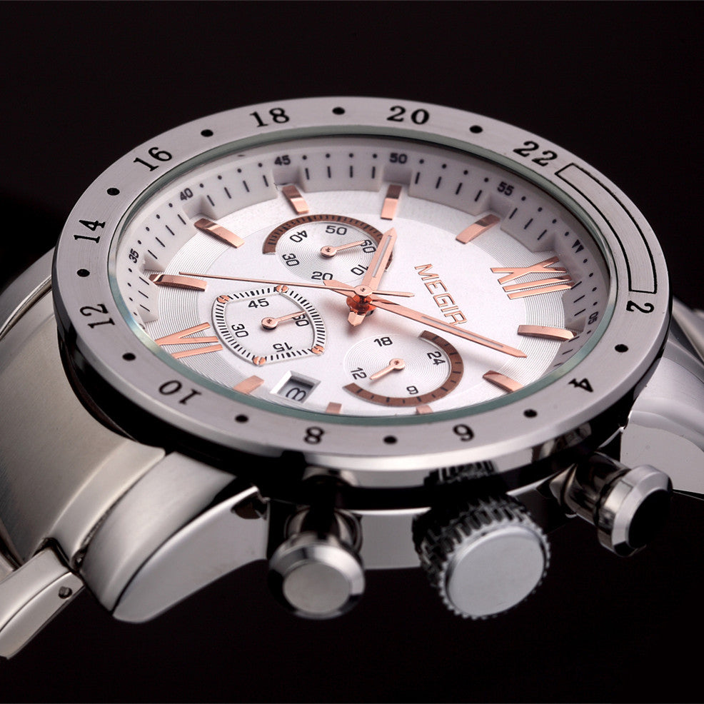 MEGIR Luxury Men's Business Watches Chronograph Waterproof Stainless Steel Quartz