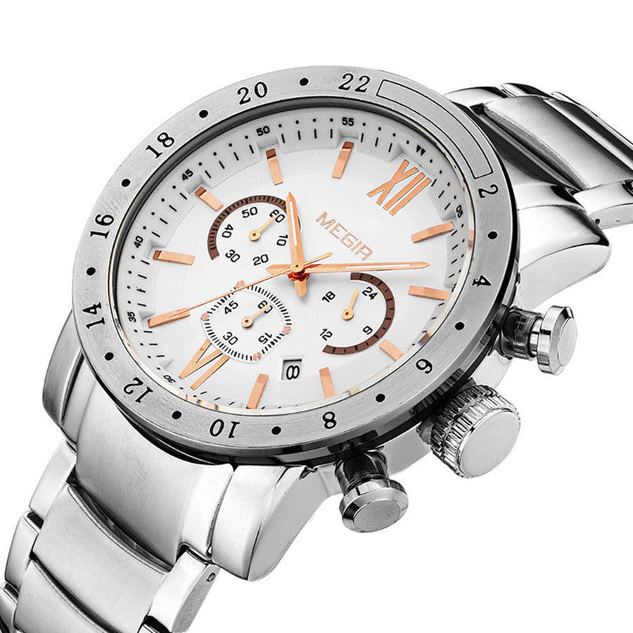 MEGIR Luxury Men's Business Watches Chronograph Waterproof Stainless Steel Quartz