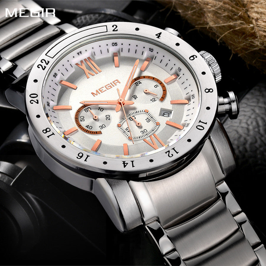 MEGIR Luxury Men's Business Watches Chronograph Waterproof Stainless Steel Quartz