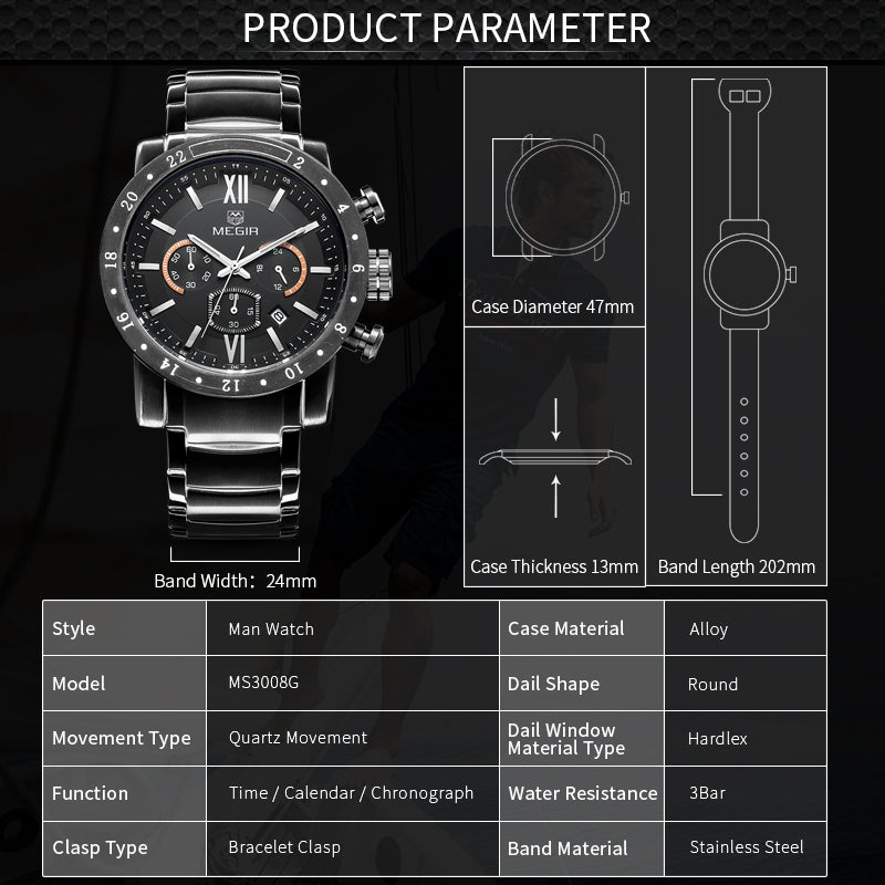 MEGIR Luxury Men's Business Watches Chronograph Waterproof Stainless Steel Quartz
