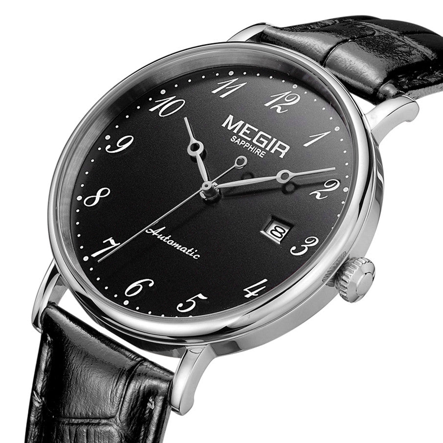 MEGIR Luxury Automatic Mechanical Watch for Men Large Dial Sapphire Leather Strap