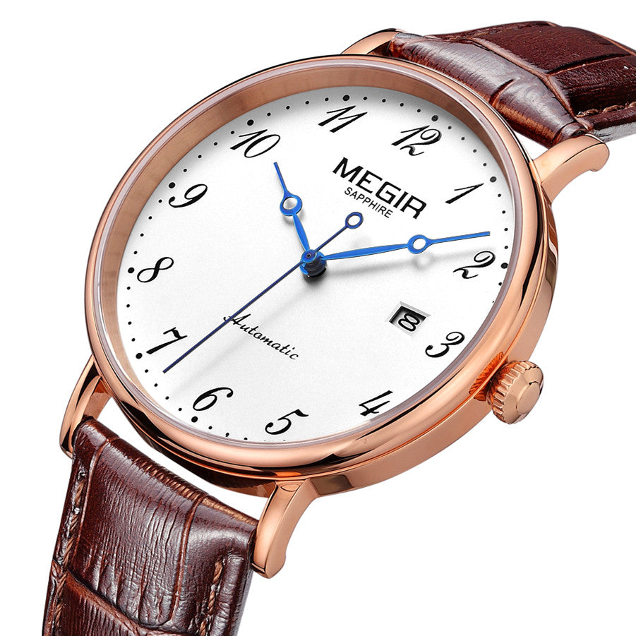 MEGIR Luxury Automatic Mechanical Watch for Men Large Dial Sapphire Leather Strap