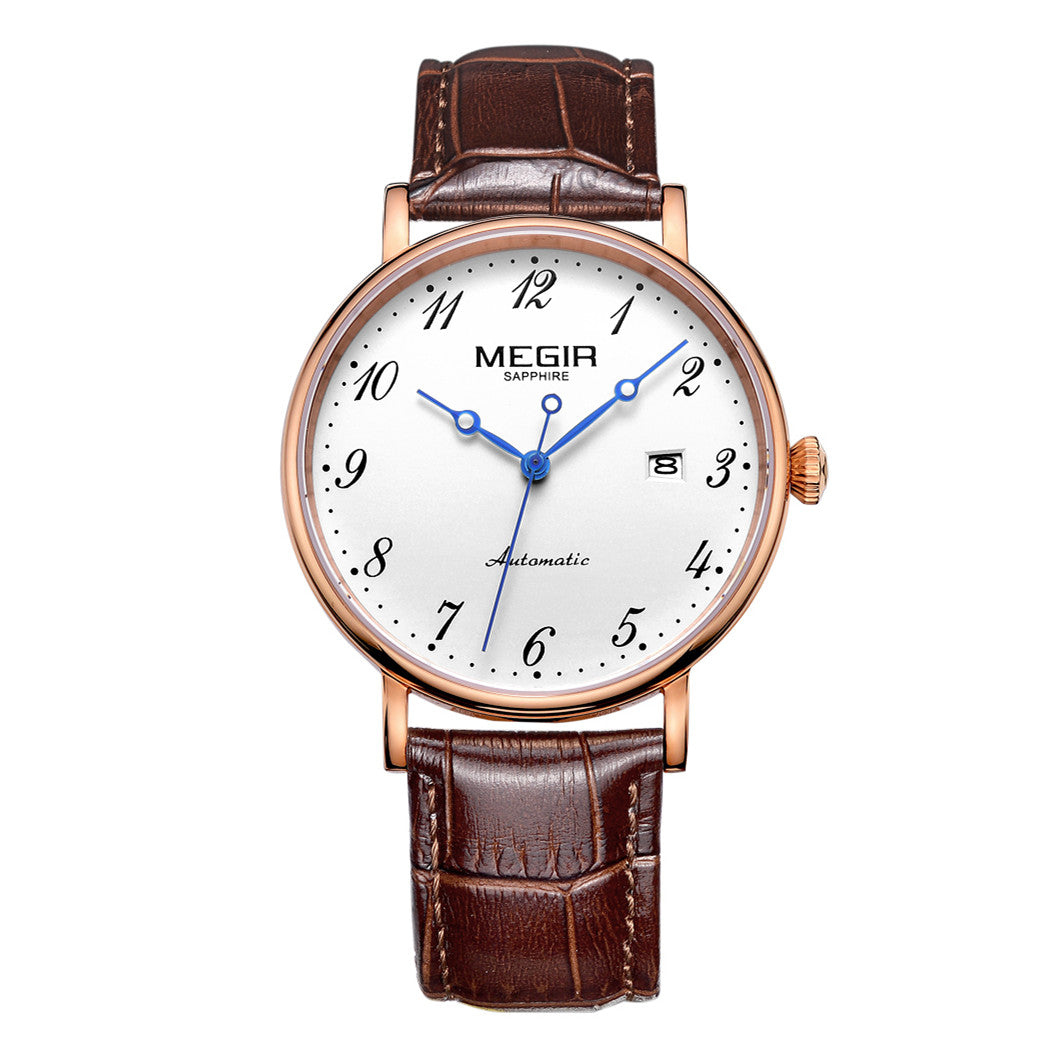MEGIR Luxury Automatic Mechanical Watch for Men Large Dial Sapphire Leather Strap