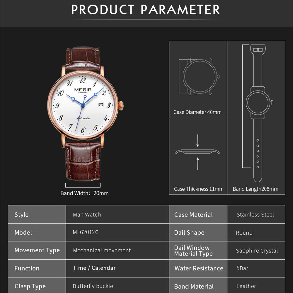 MEGIR Luxury Automatic Mechanical Watch for Men Large Dial Sapphire Leather Strap