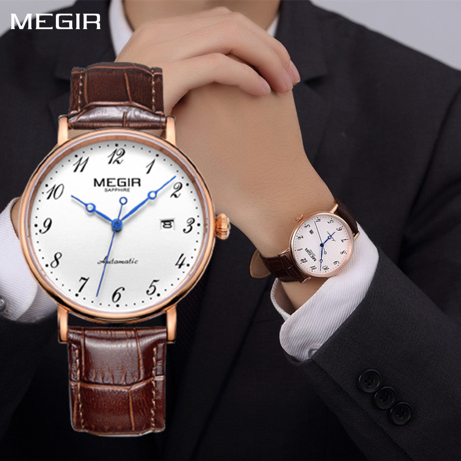 MEGIR Luxury Automatic Mechanical Watch for Men Large Dial Sapphire Leather Strap