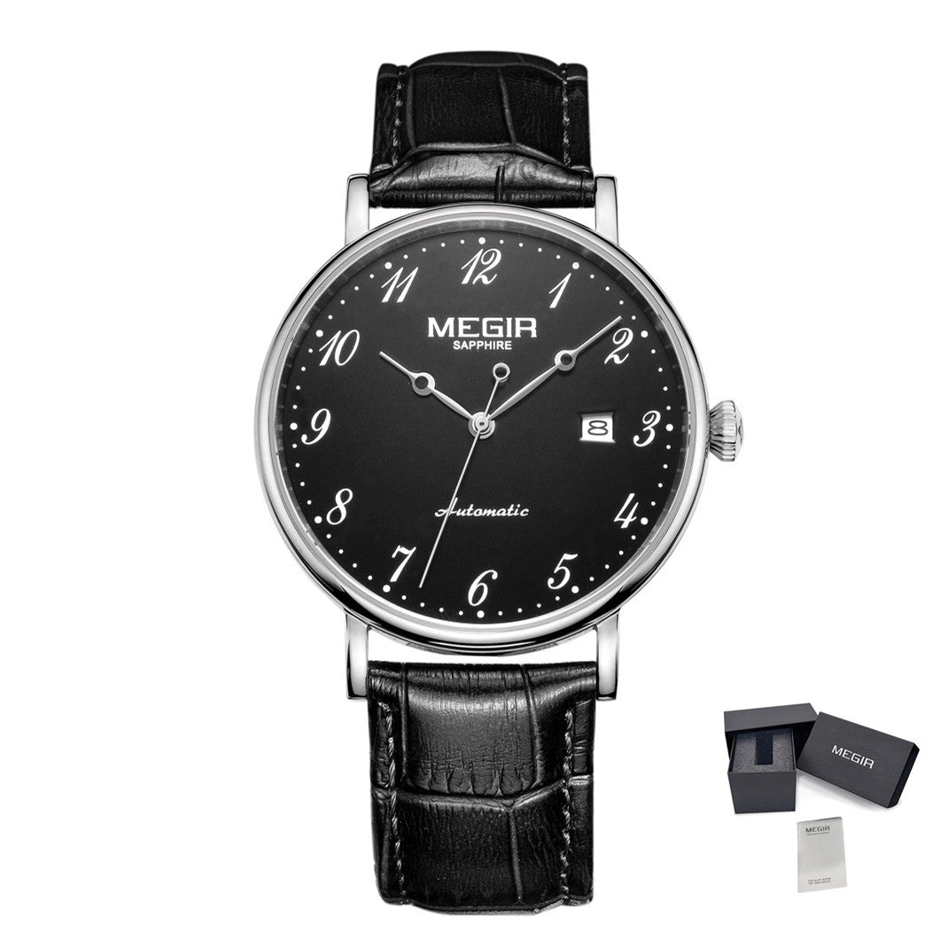 MEGIR Luxury Automatic Mechanical Watch for Men Large Dial Sapphire Leather Strap