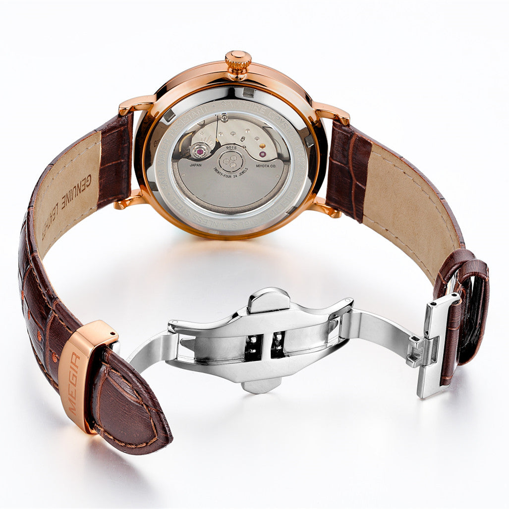 MEGIR Luxury Automatic Mechanical Watch for Men Large Dial Sapphire Leather Strap
