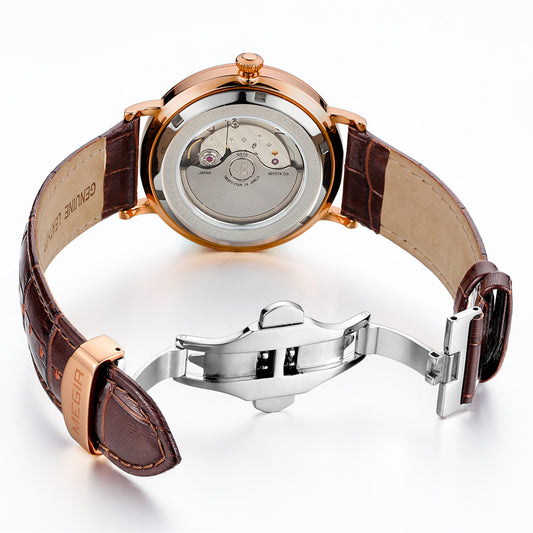 MEGIR Luxury Automatic Mechanical Watch for Men Large Dial Sapphire Leather Strap
