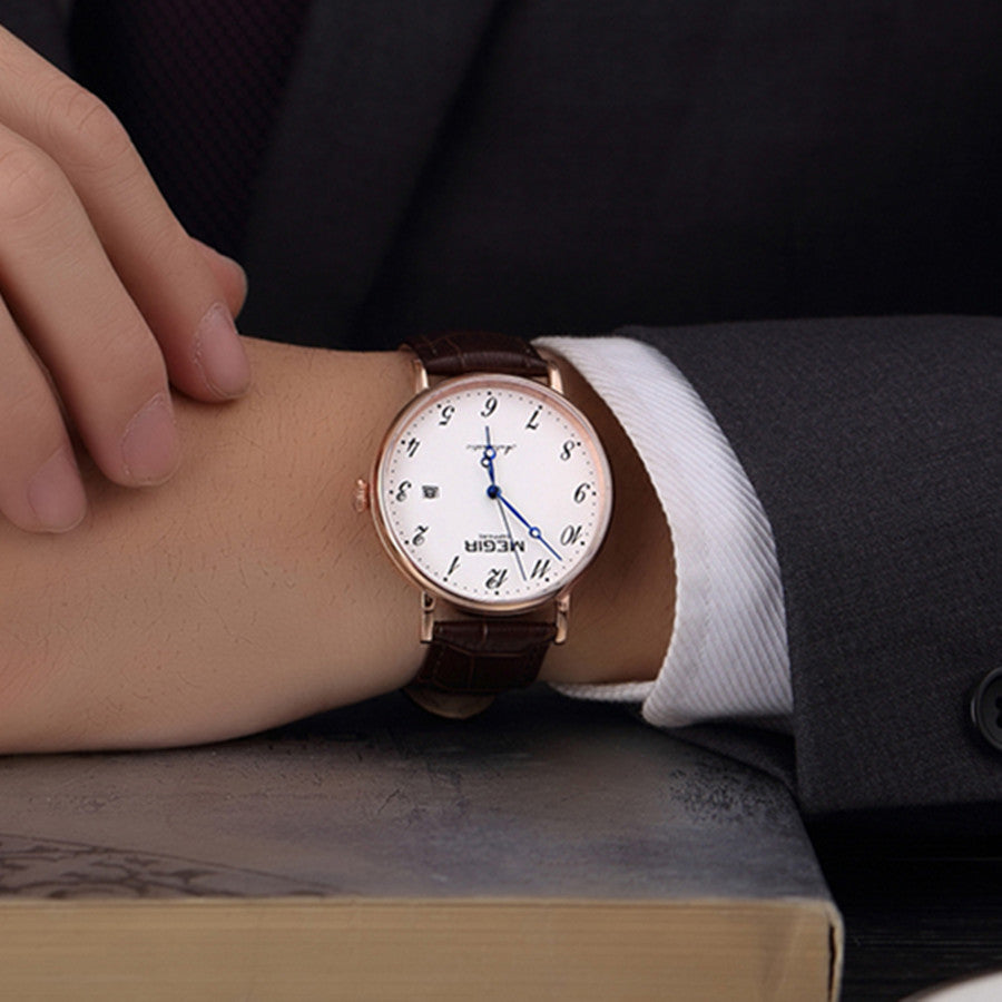 MEGIR Luxury Automatic Mechanical Watch for Men Large Dial Sapphire Leather Strap