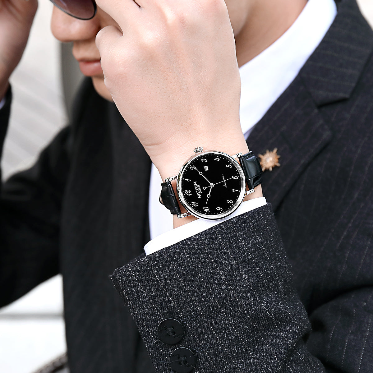 MEGIR Luxury Automatic Mechanical Watch for Men Large Dial Sapphire Leather Strap