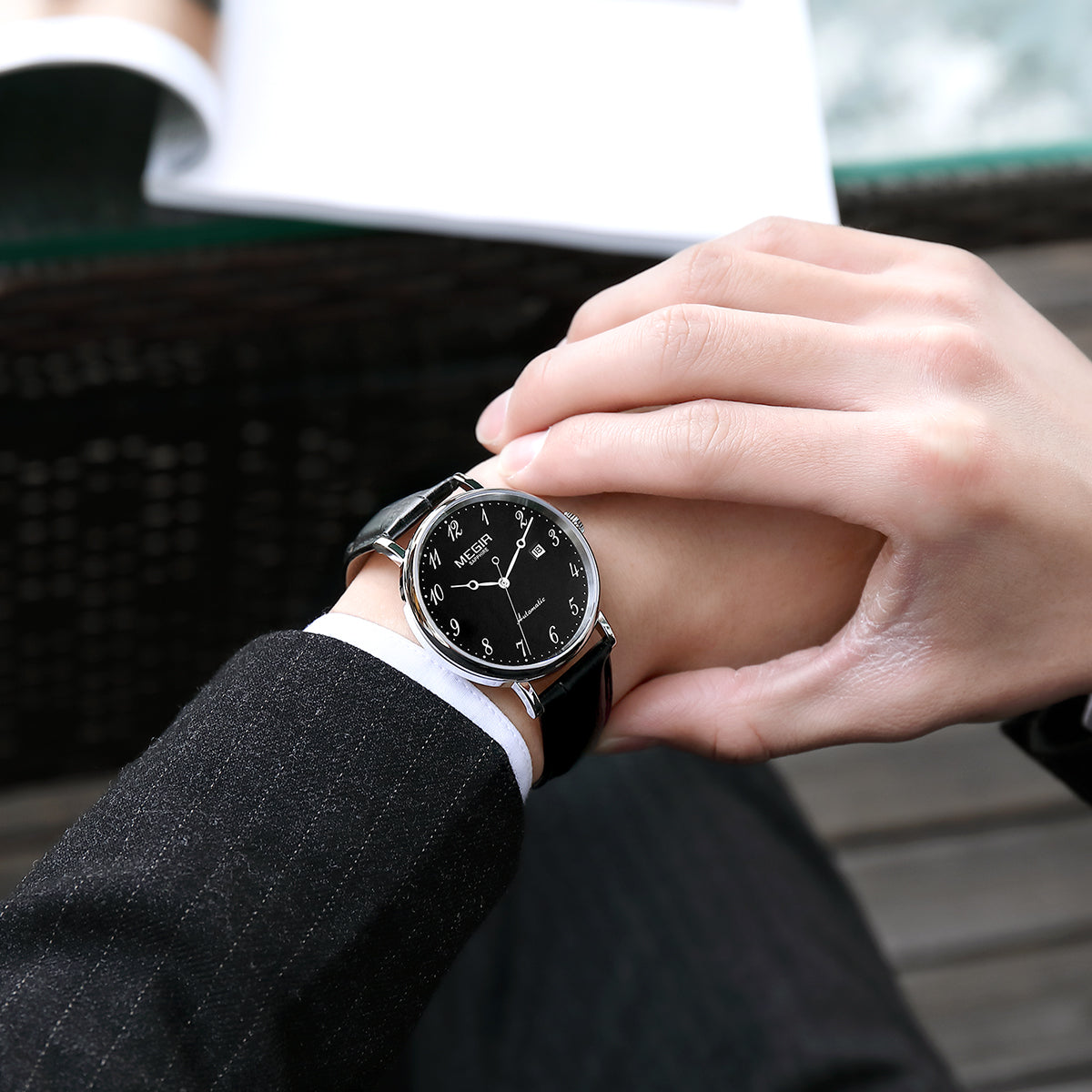 MEGIR Luxury Automatic Mechanical Watch for Men Large Dial Sapphire Leather Strap