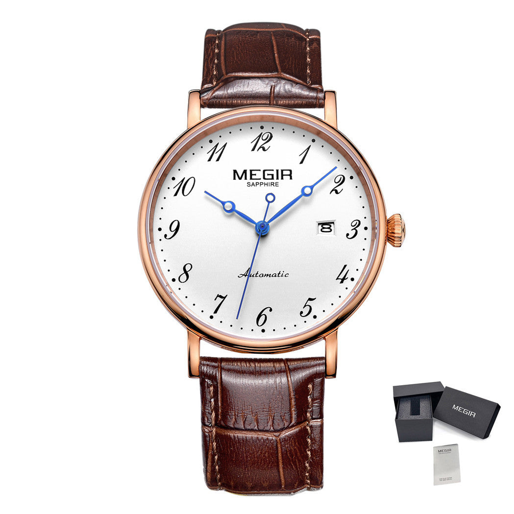 MEGIR Luxury Automatic Mechanical Watch for Men Large Dial Sapphire Leather Strap