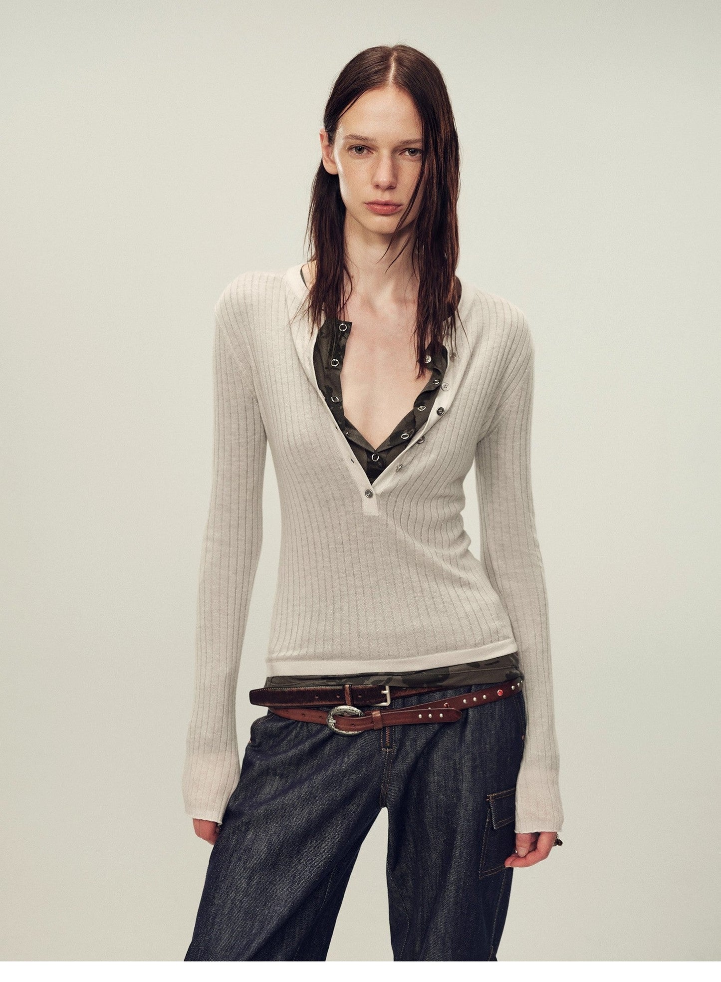 Ultrafine water-soluble wool blended versatile V-neck cardigan long-sleeved knitted top
