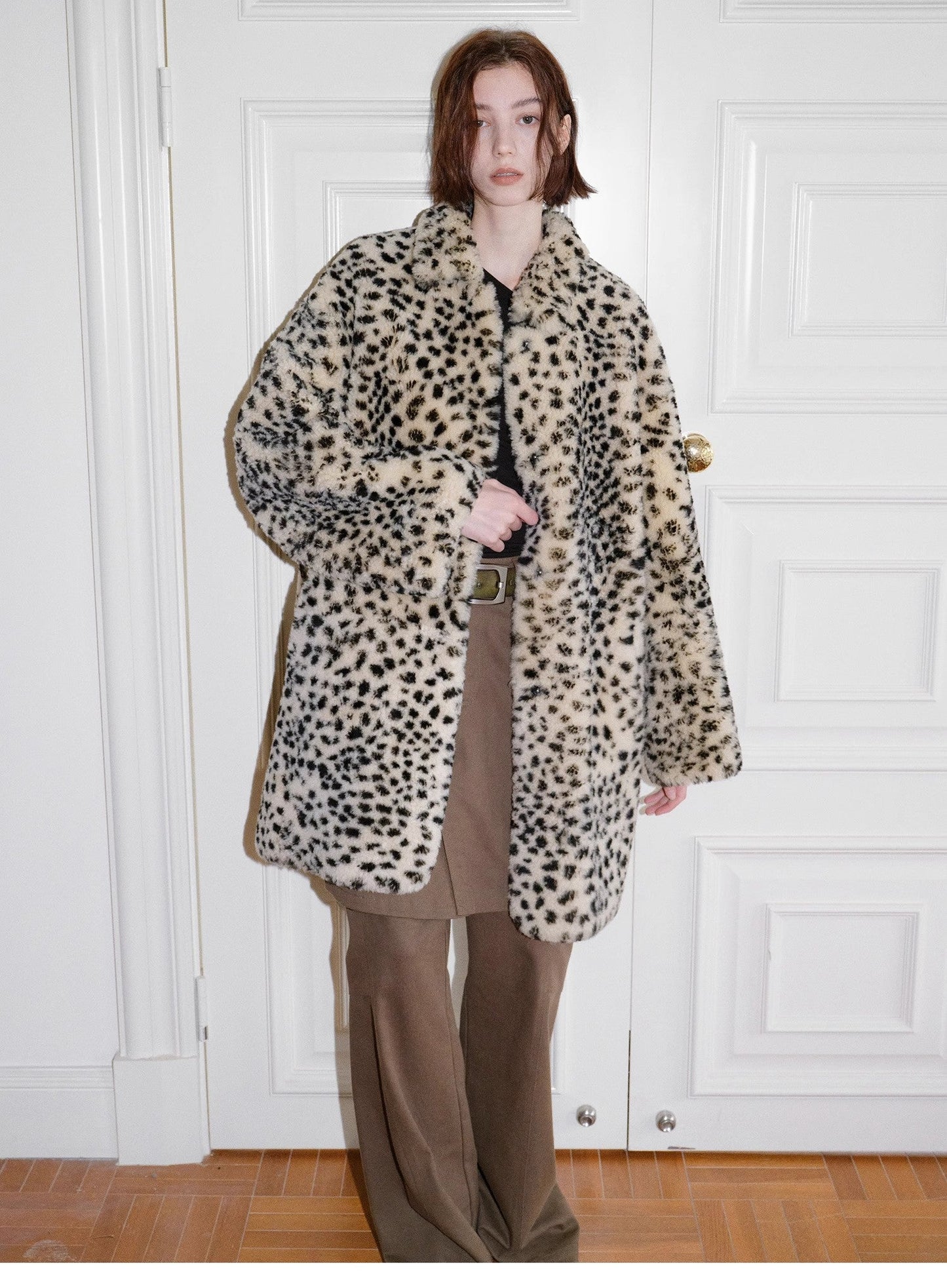 "Leopard print sniper" imported merino sheepskin fashionable off-shoulder slim mid-length fur coat-0