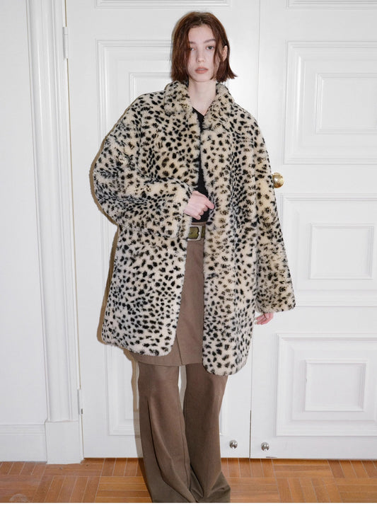 "Leopard print sniper" imported merino sheepskin fashionable off-shoulder slim mid-length fur coat-0
