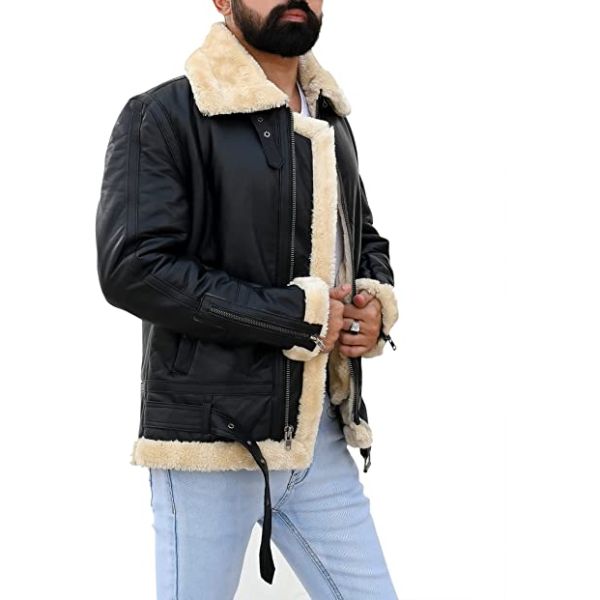 Premium Shearling Fur Leather Jacket Black