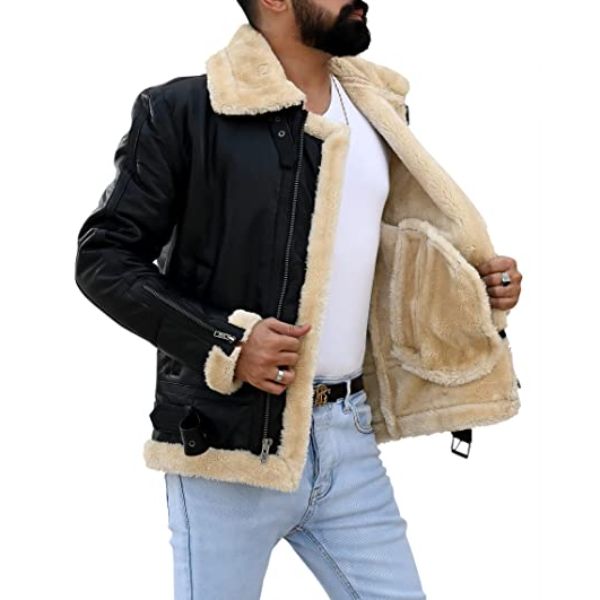 Premium Shearling Fur Leather Jacket Black