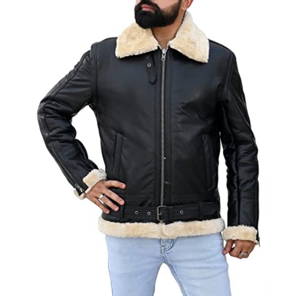 Premium Shearling Fur Leather Jacket Black