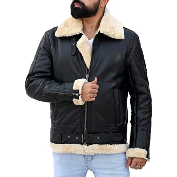 Premium Shearling Fur Leather Jacket Black