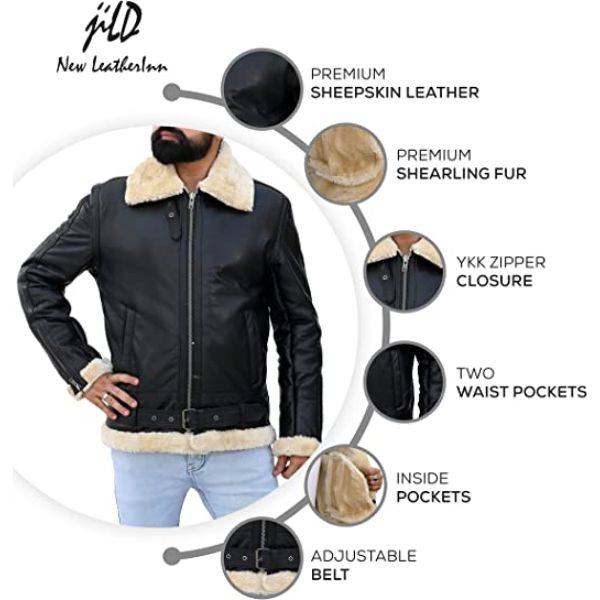 Premium Shearling Fur Leather Jacket Black