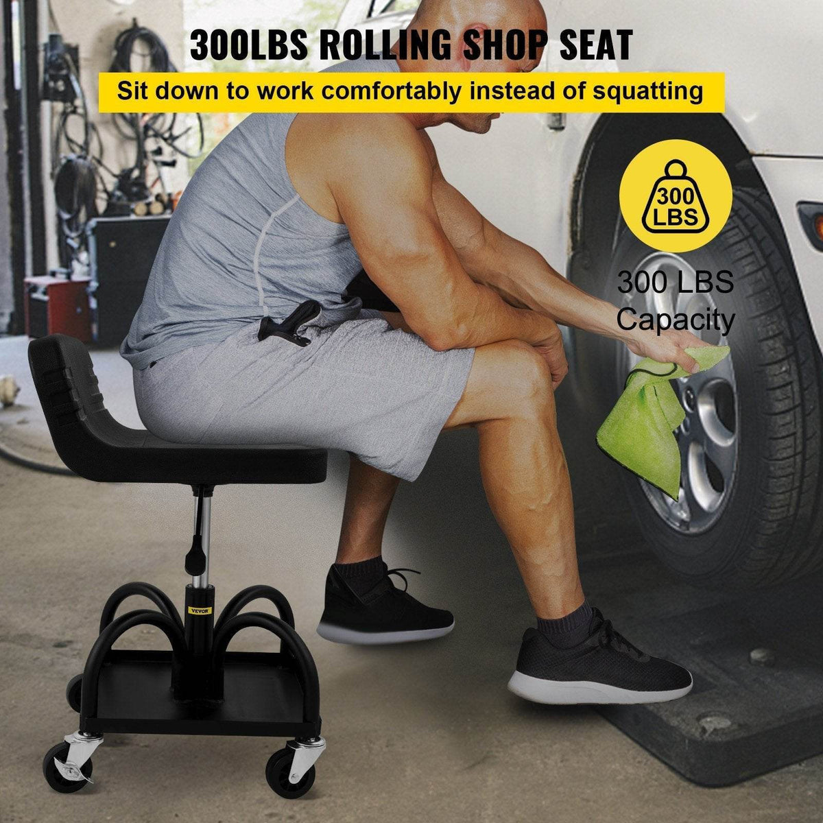 Rolling Garage Stool, 300LBS Capacity, Adjustable Height From 15.7 In To 20.5 In, Mechanic Seat With 360-degree Swivel Wheels And Tool Tray, For Workshop, Auto Repair Shop, Black
