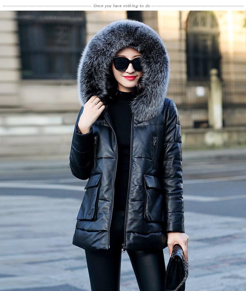 Genuine Leather Jacket Women Fox Fur and Hooded