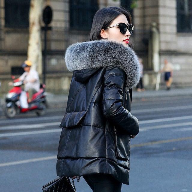 Genuine Leather Jacket Women Fox Fur and Hooded