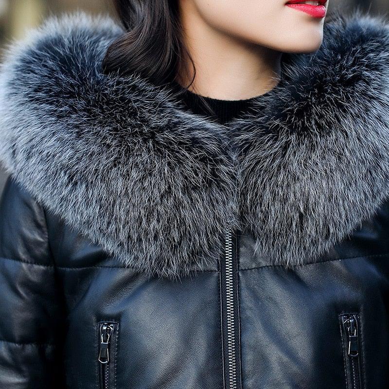 Genuine Leather Jacket Women Fox Fur and Hooded