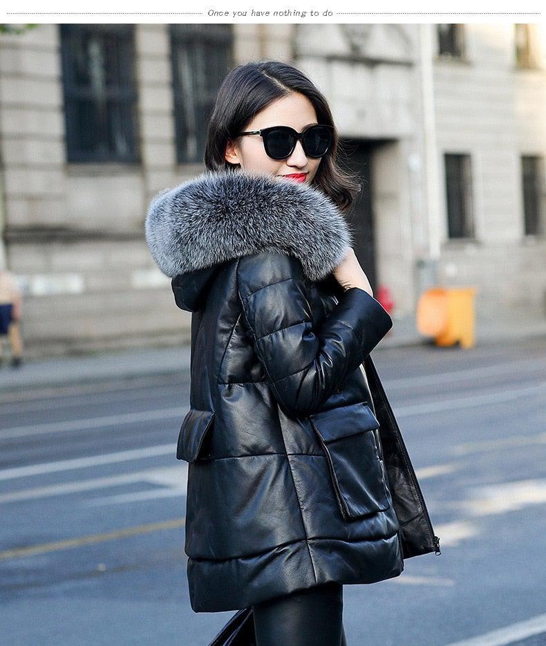 Genuine Leather Jacket Women Fox Fur and Hooded
