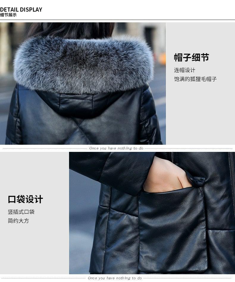 Genuine Leather Jacket Women Fox Fur and Hooded
