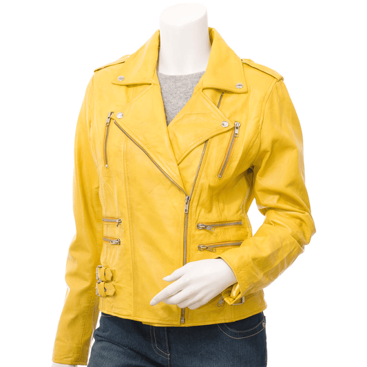 WOMEN'S YELLOW LEATHER BIKER JACKET ELBA