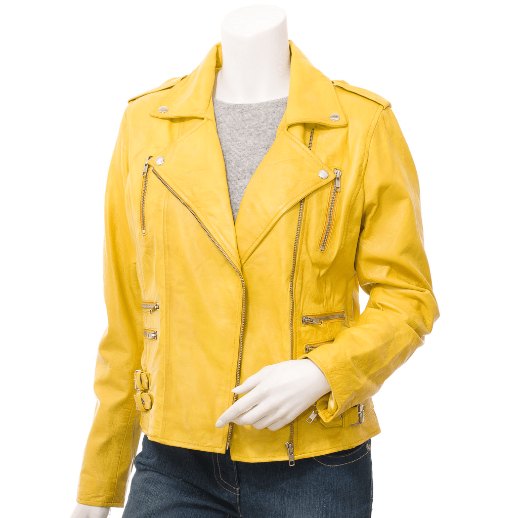 WOMEN'S YELLOW LEATHER BIKER JACKET ELBA
