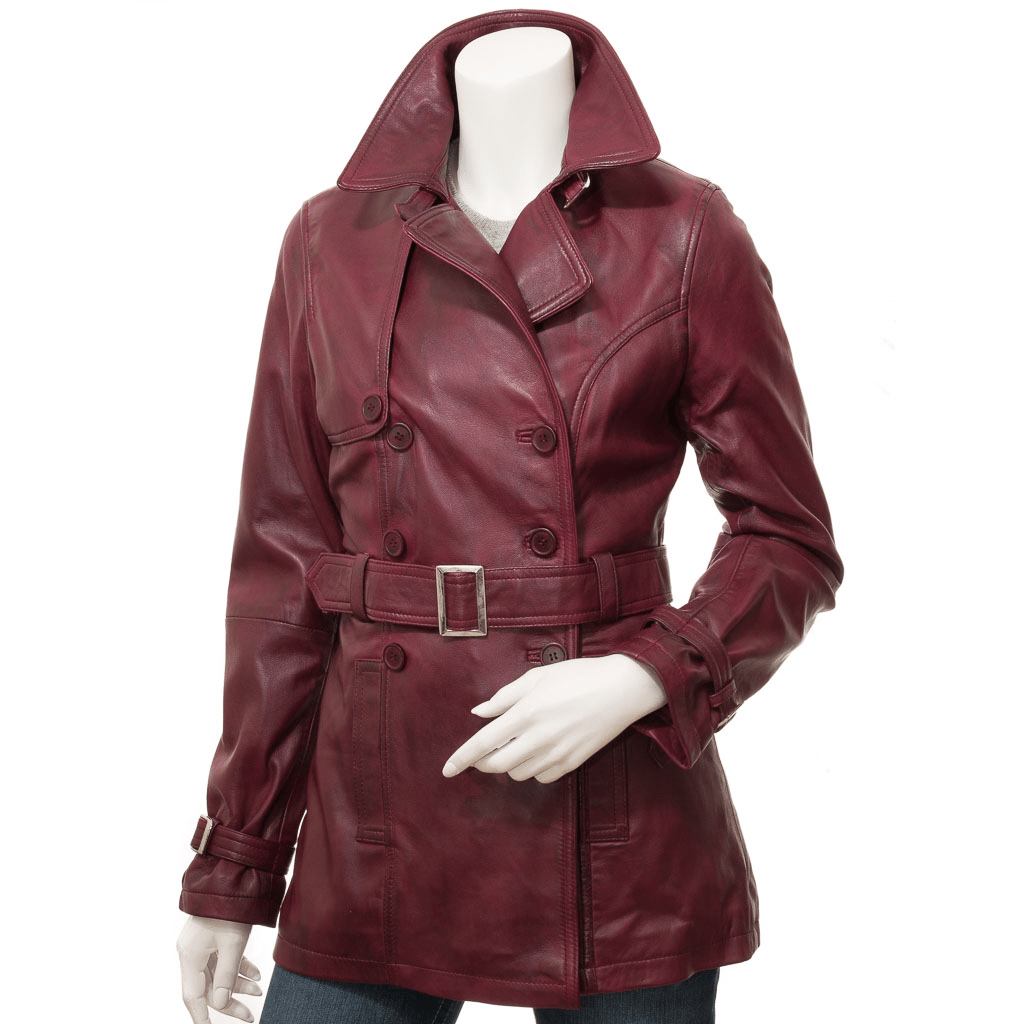 WOMEN BURGUNDY LEATHER TRENCH COAT LONGWOOD