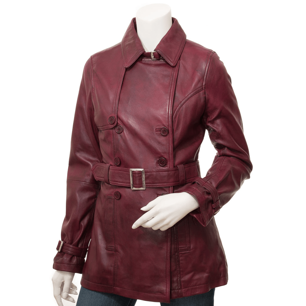 WOMEN BURGUNDY LEATHER TRENCH COAT LONGWOOD
