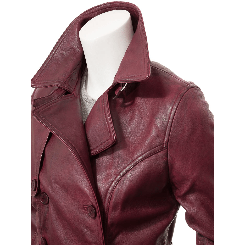 WOMEN BURGUNDY LEATHER TRENCH COAT LONGWOOD