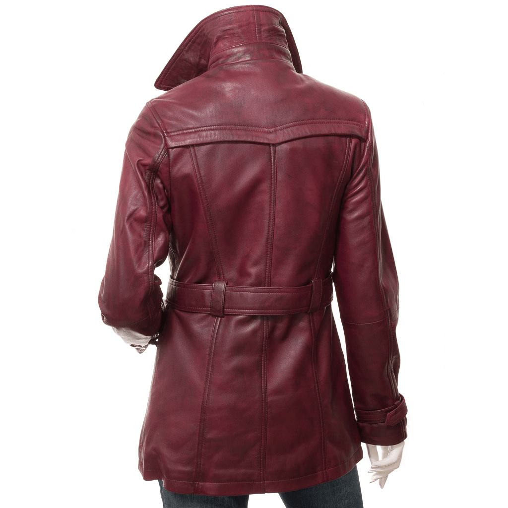 WOMEN BURGUNDY LEATHER TRENCH COAT LONGWOOD