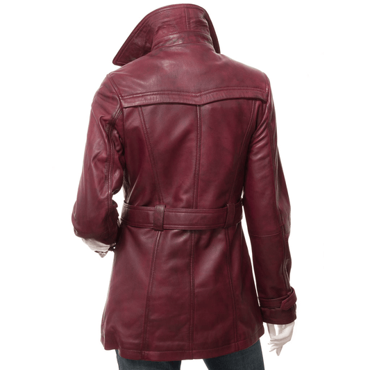 WOMEN BURGUNDY LEATHER TRENCH COAT LONGWOOD