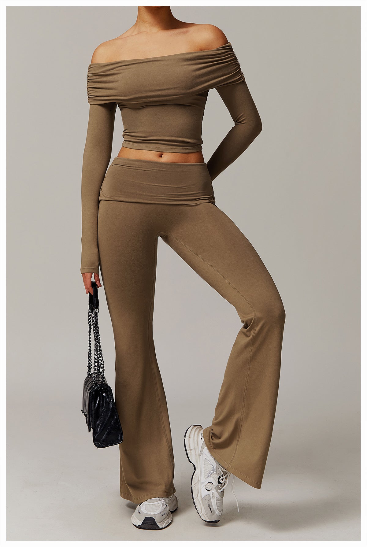 Brushed Foldover High-Waist Ruched Flared Yoga Pants