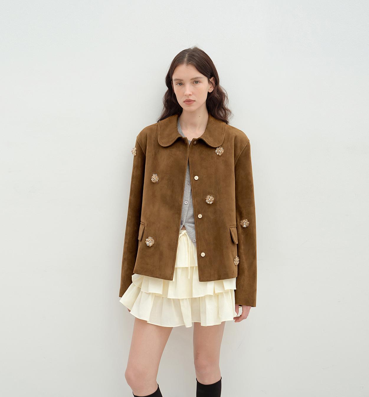 "Velour" high-grade beaded suede leather short leather jacket for women