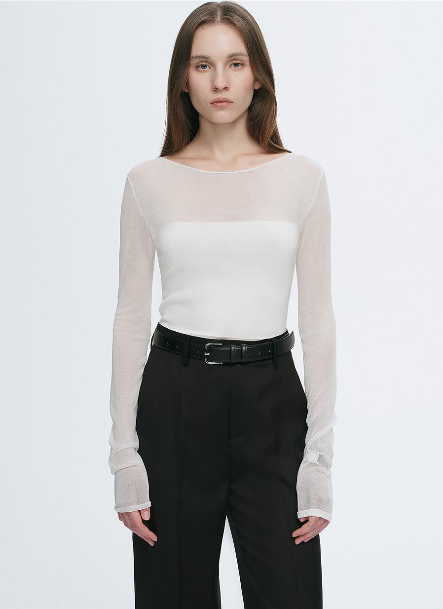 Transparent patchwork acetate Tencel temperament slim fit slim long sleeve T-shirt