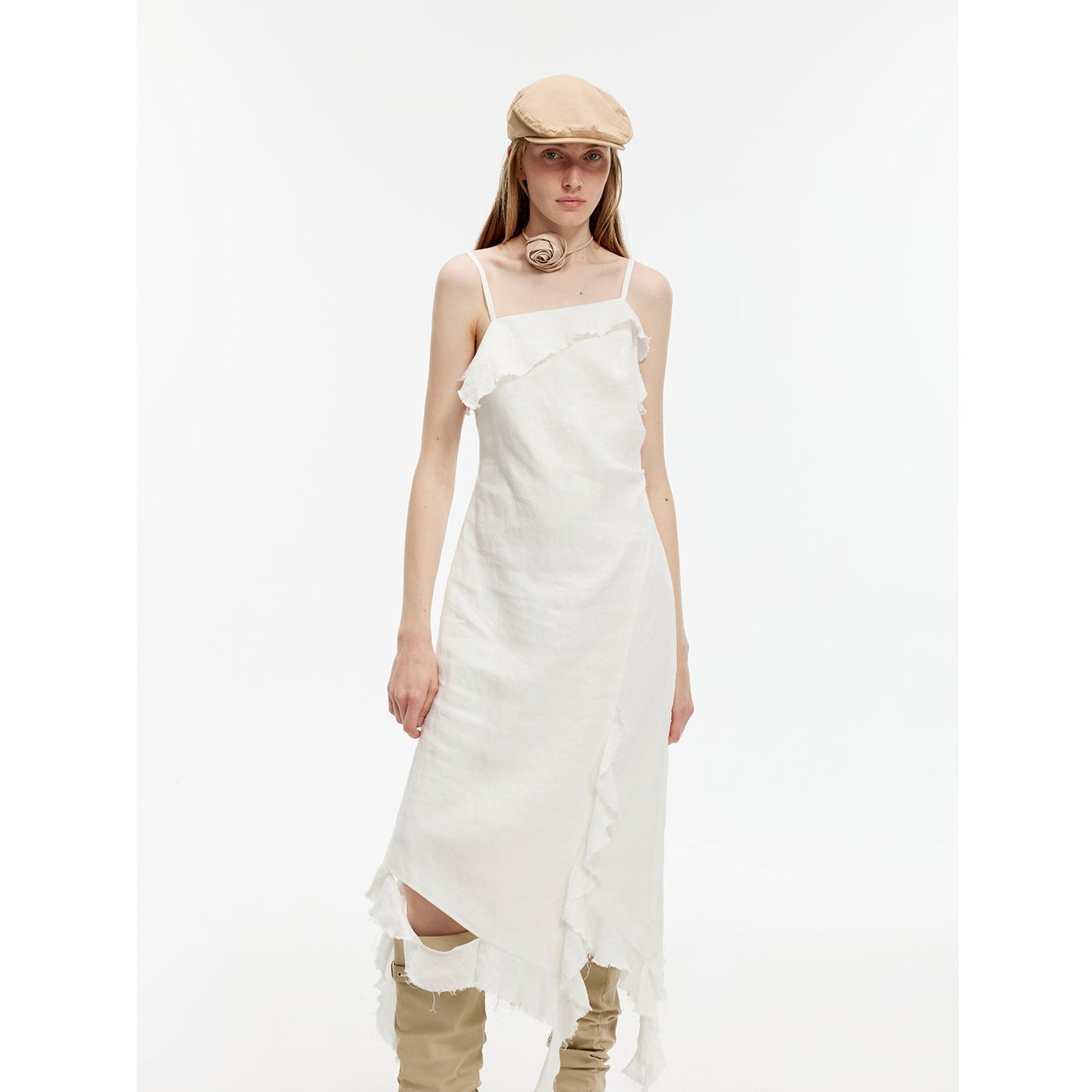Sand-washed Linen Sling Ruffled Irregular Fit Sling Dress"Summer Whisper"