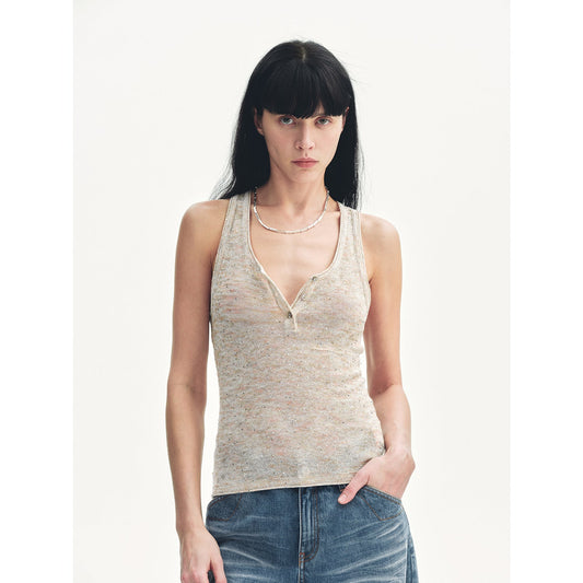 Cotton and Linen Blended Henley Collar Beaded Vest Summer"Summer Night Starry Sky"