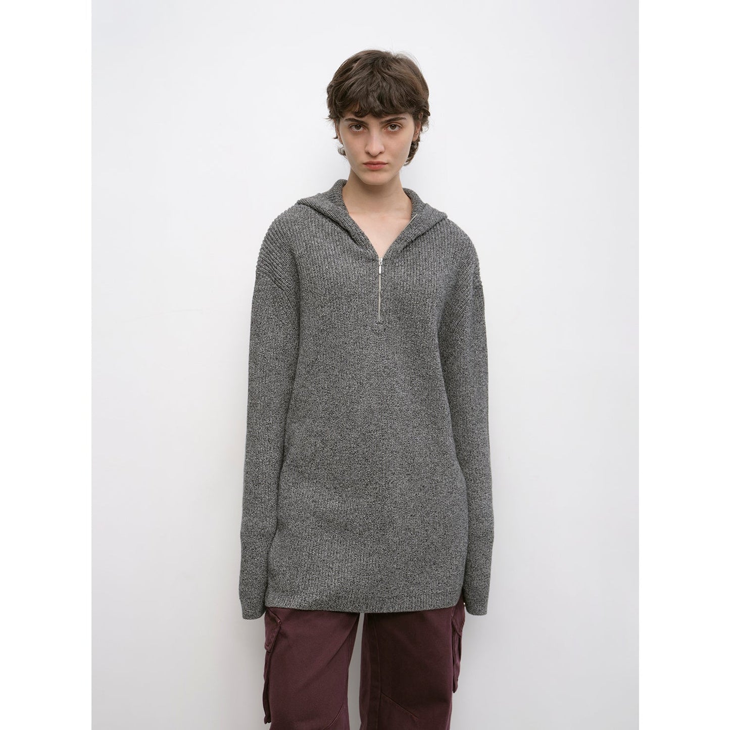 Women's zipper round neck wool hoodie oversized sweater Boyfriend Fit